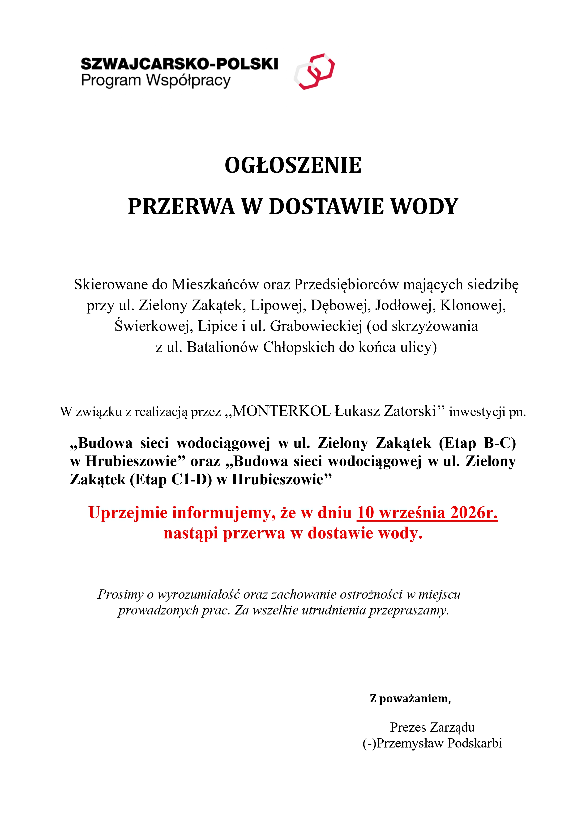 Ogłoszenie - przerwa w odstawie wody w ul. Zielony Zakątek, Grabowieckiej i os. Lipice
